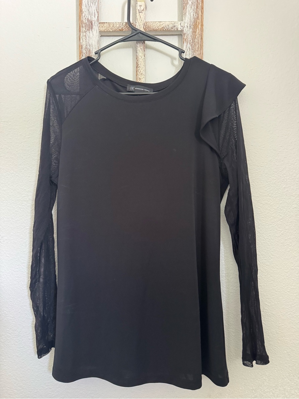 INC International Concepts Black Long-Sleeve Mesh Panel Top